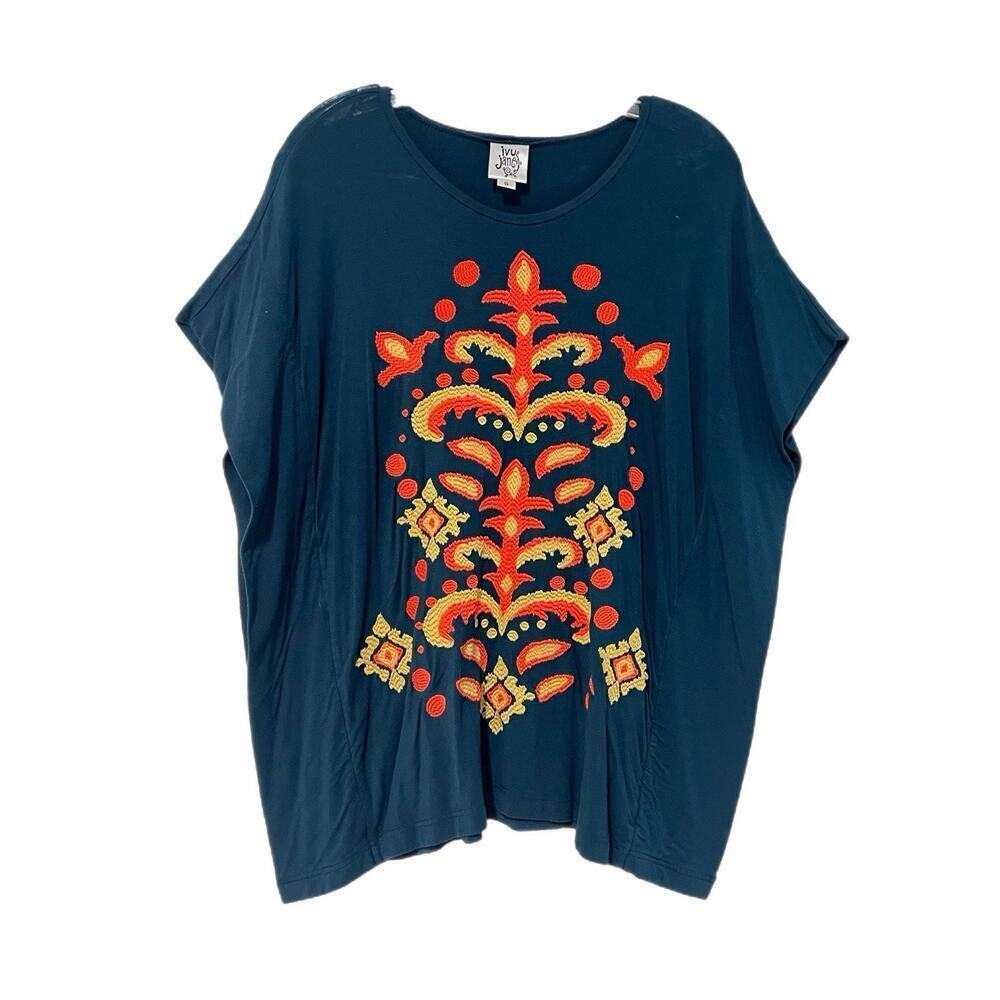 Ivy Jane Embroidered Poncho Blouse Size S Blue Relaxed Aztec Bohemian